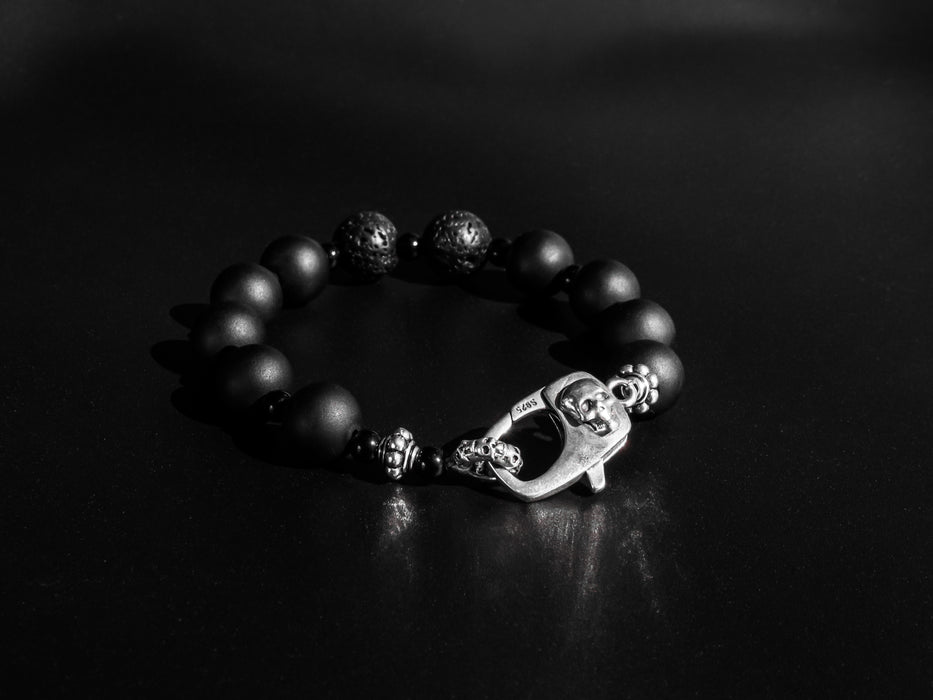 RIVER STYX COLLECTION - MATTE BLACK ONYX AND LAVA STONE BRACELET WITH SILVER SKULL CLASP